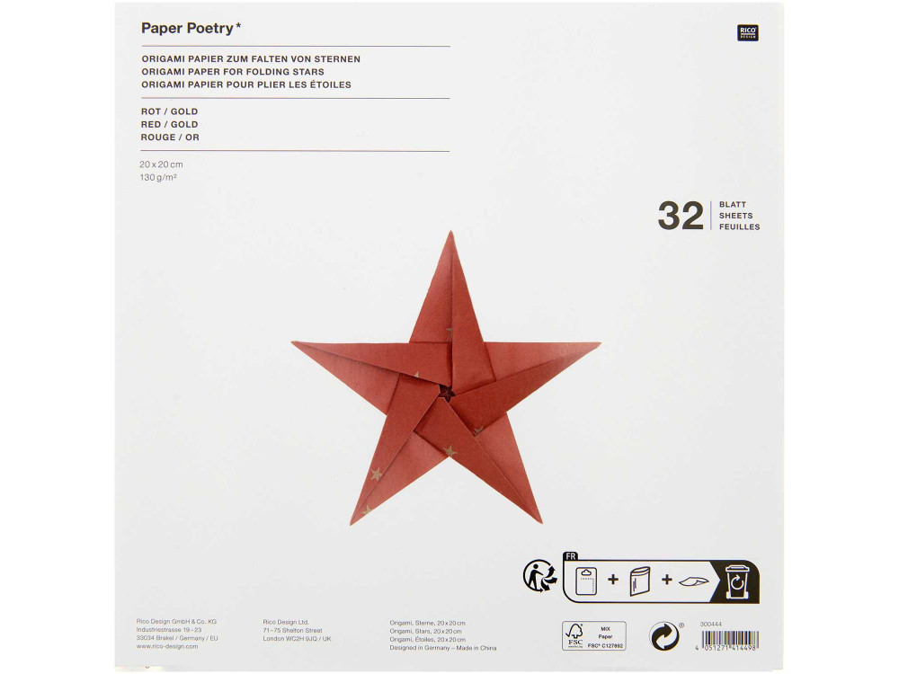 Origami paper, Stars - Paper Poetry - red, 20 x 20 cm, 32 sheets