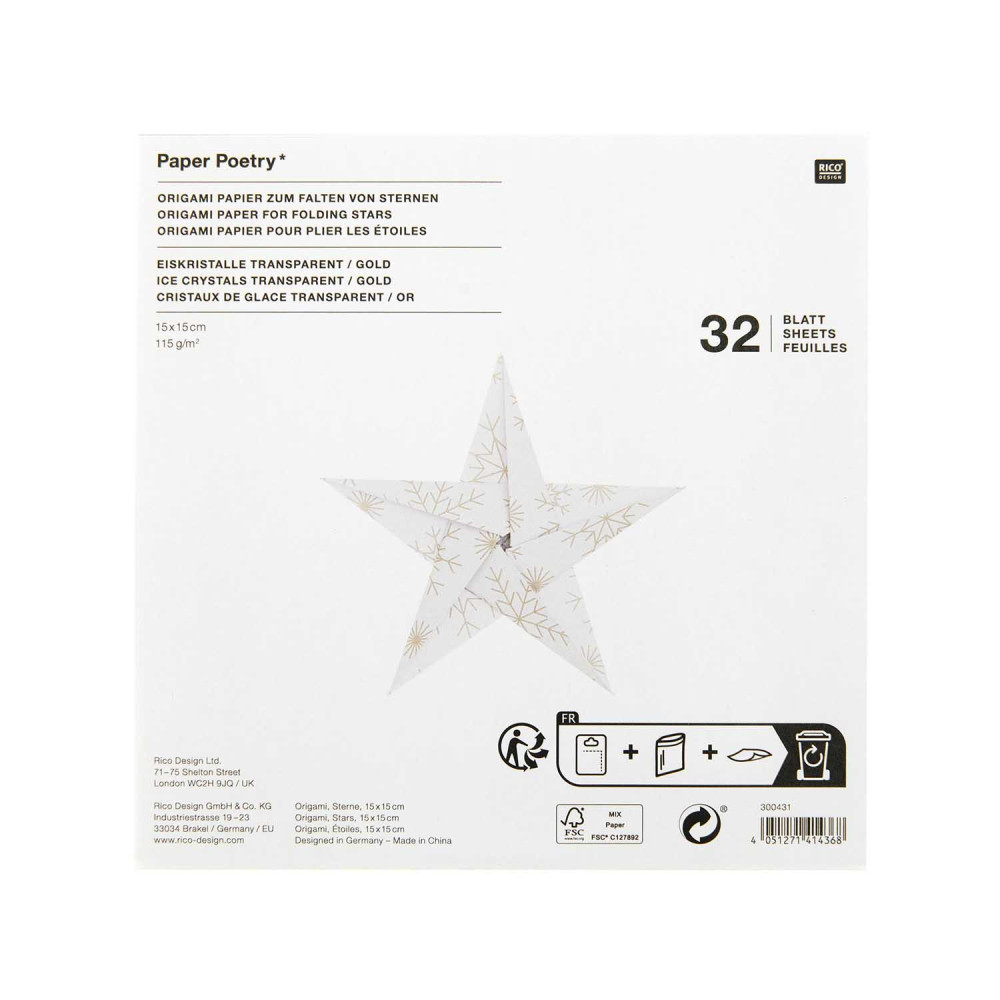 Origami paper, Ice Crystals - Paper Poetry - transparent, 15 x 15 cm, 32 sheets