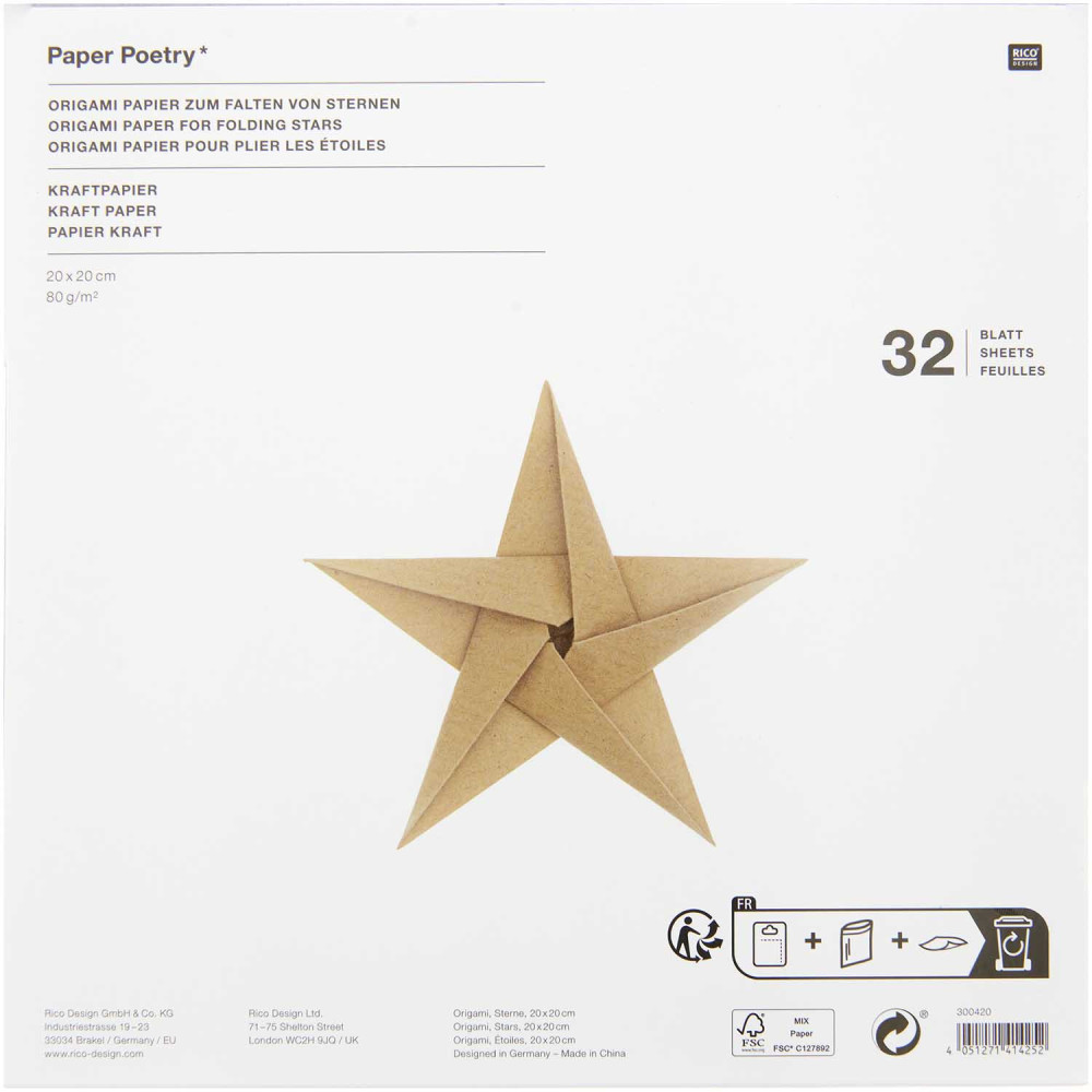 Origami paper - Paper Poetry - kraft, 20 x 20 cm, 32 sheets