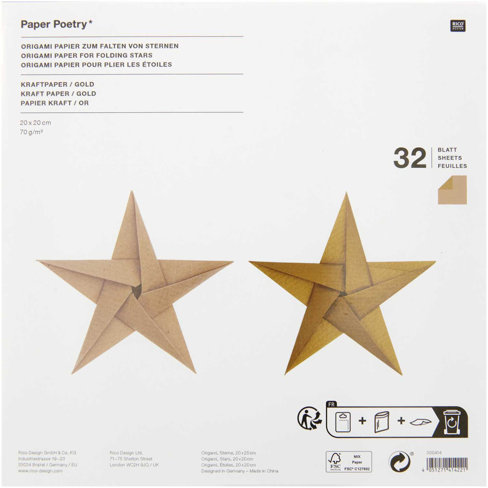 Papier origami - Paper Poetry - kraft-złoty, 20 x 20 cm, 32 ark.