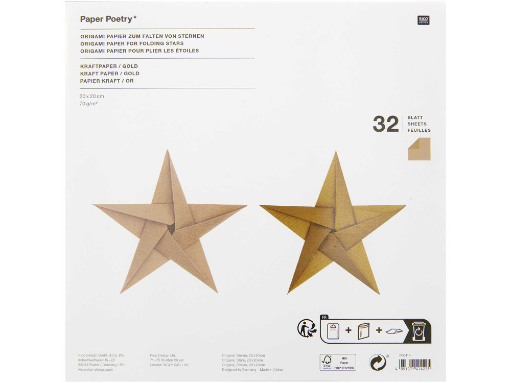 Papier origami - Paper Poetry - kraft-złoty, 20 x 20 cm, 32 ark.