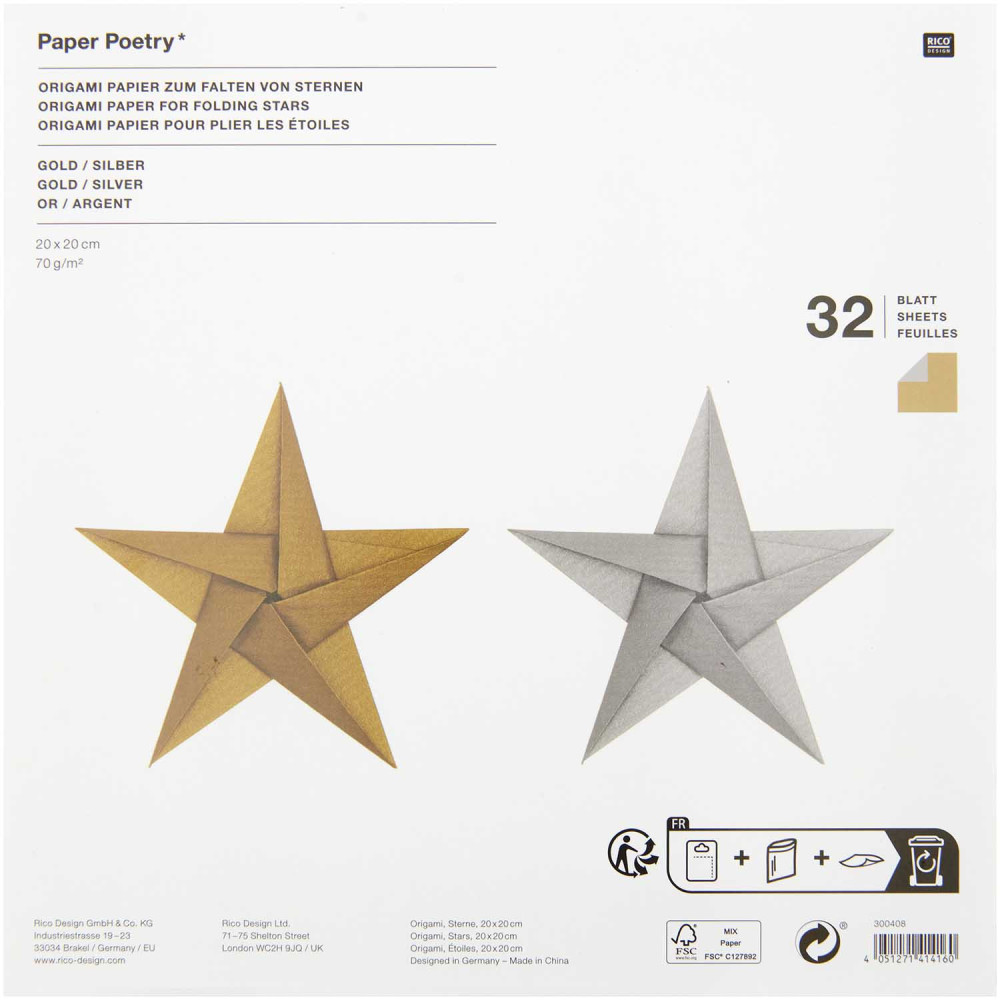 Origami paper - Paper Poetry - gold and silver, 20 x 20 cm, 32 sheets