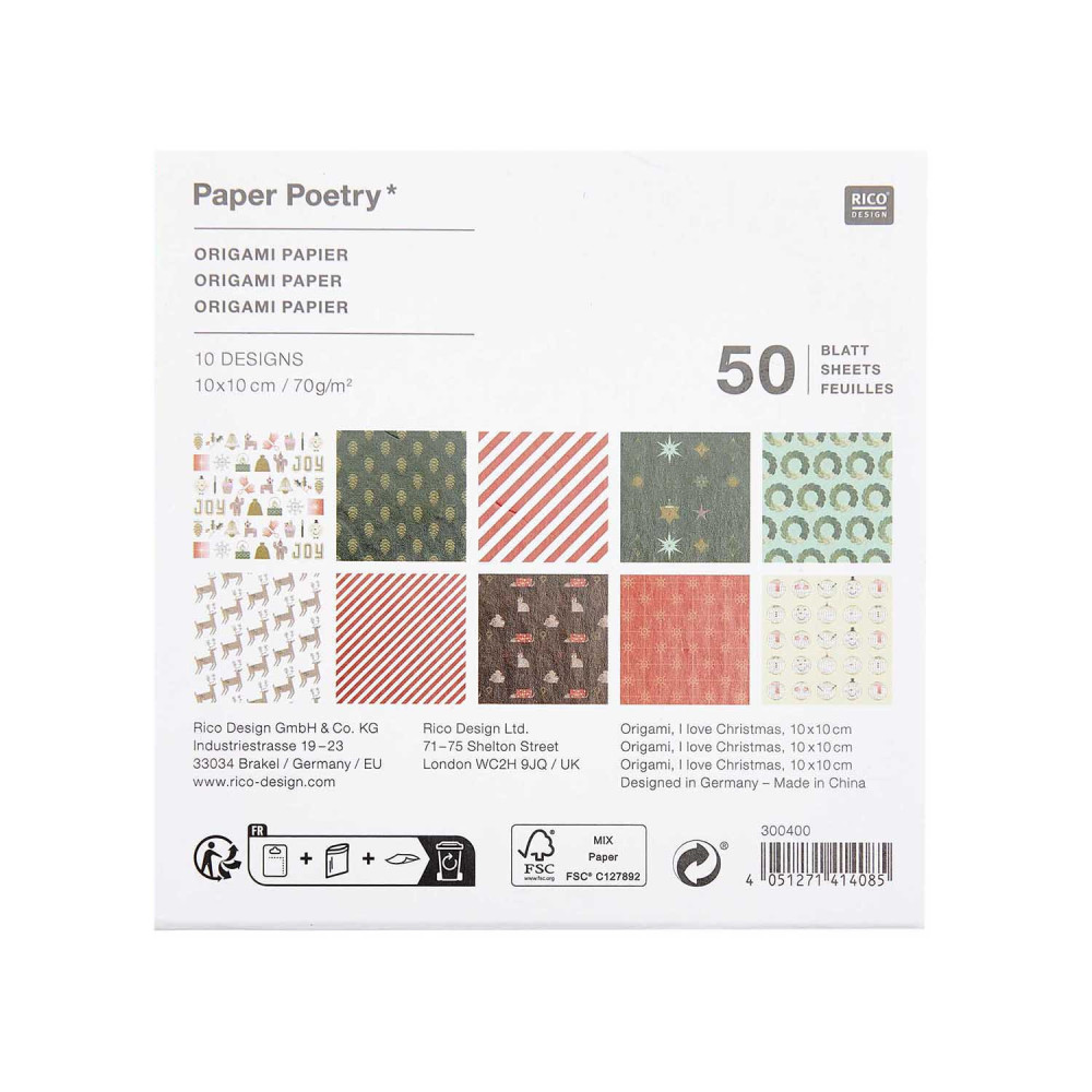 Papier origami, I Love Christmas - Paper Poetry - 10 x 10 cm, 50 ark.