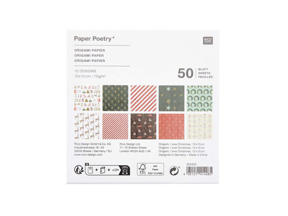 Papier origami, I Love Christmas - Paper Poetry - 10 x 10 cm, 50 ark.