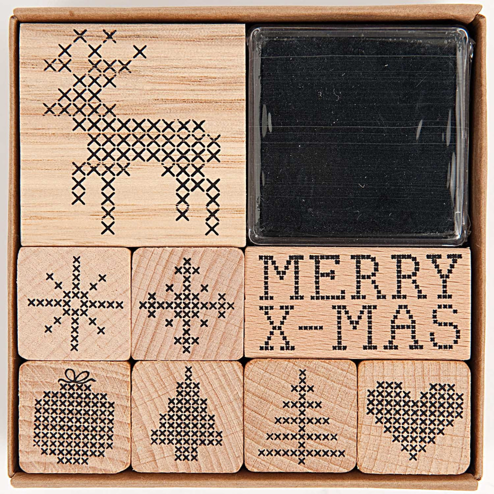 Wooden stamp set, Cross-stitch Christmas - Rico Design - 8 pcs.