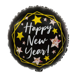 Balon foliowy, okrągły Happy New Year - czarny, 45 cm