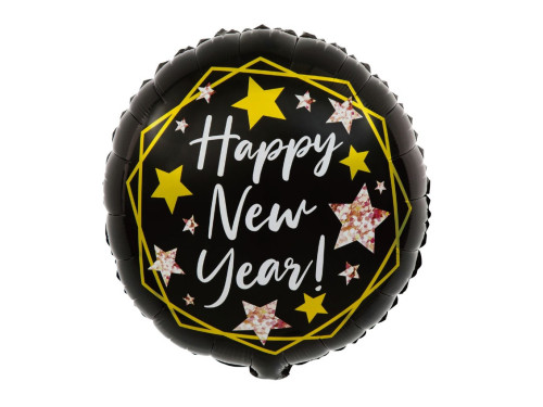 Balon foliowy, okrągły Happy New Year - czarny, 45 cm