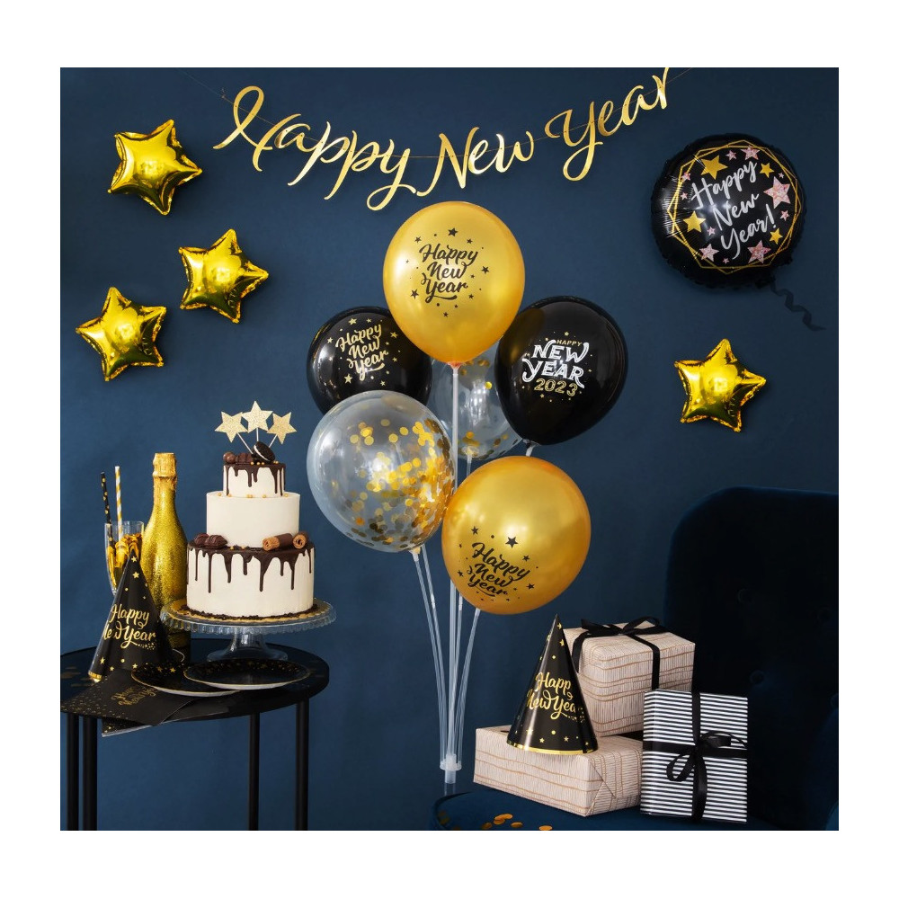Balon foliowy, okrągły Happy New Year - czarny, 45 cm