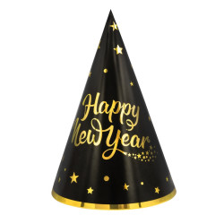 Czapeczki papierowe, Happy New Year - czarno-złote, 21 cm, 6 szt.