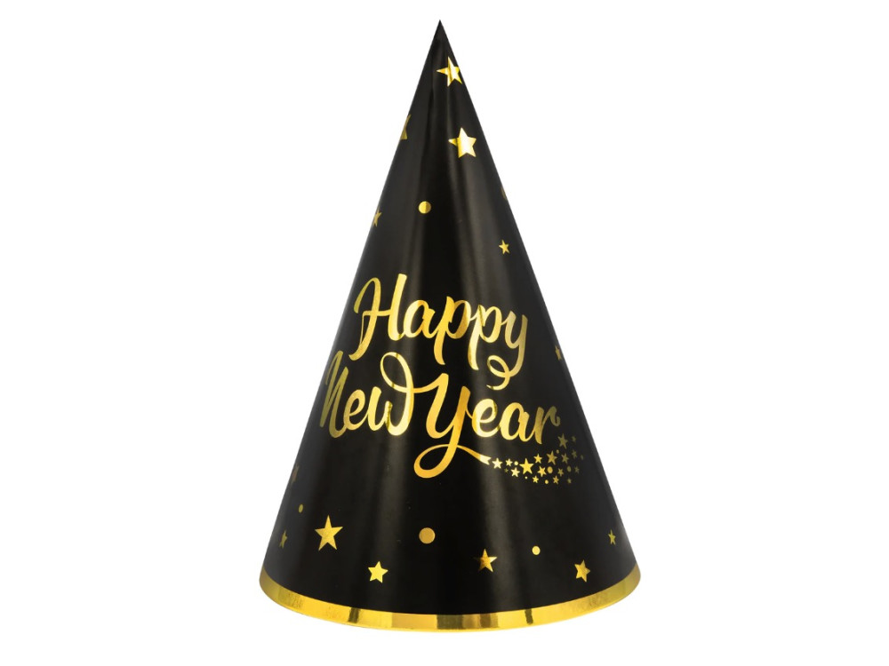 Czapeczki papierowe, Happy New Year - czarno-złote, 21 cm, 6 szt.