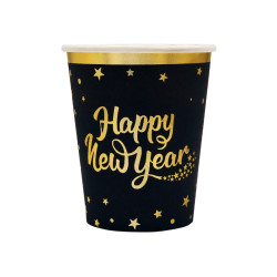 Kubeczki papierowe, Happy New Year - czarno-złote, 220 ml, 6 szt.