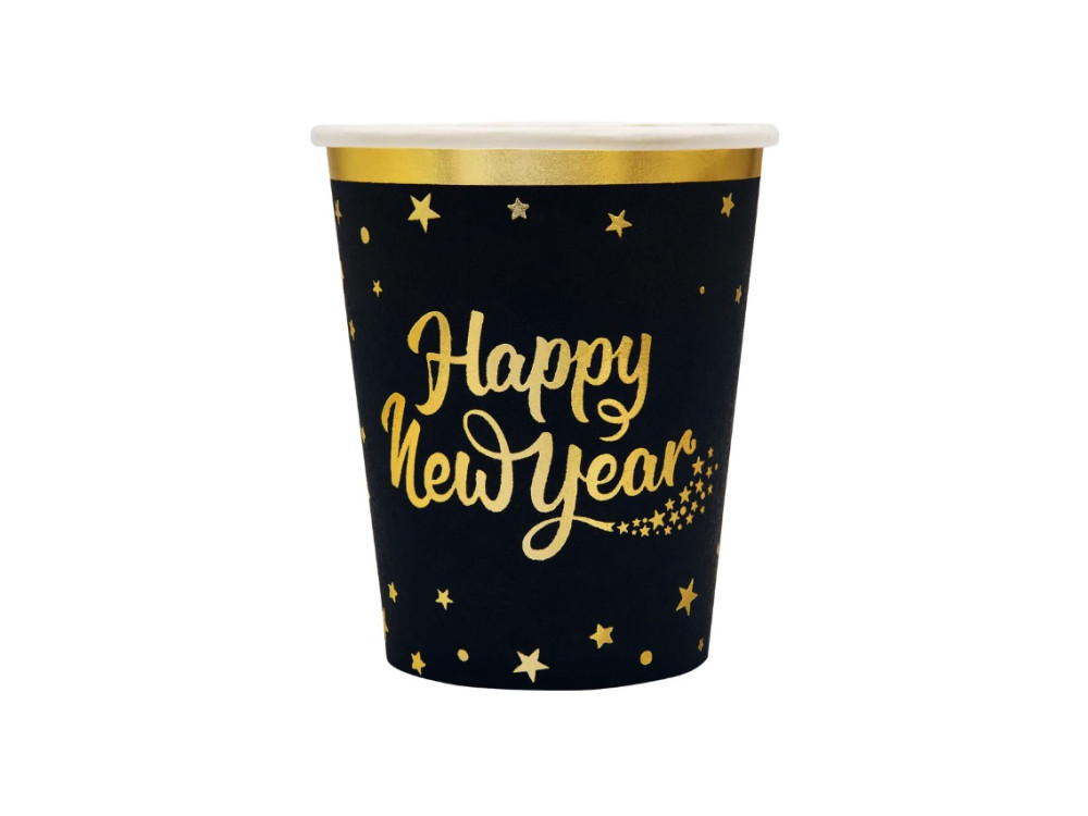 Paper Cups, Happy New Year - black and gold, 9 cm, 220 ml, 6 pcs.