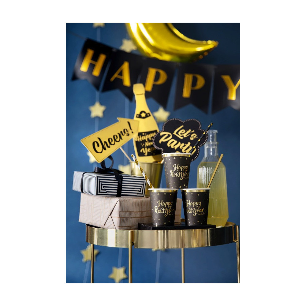 Kubeczki papierowe, Happy New Year - czarno-złote, 220 ml, 6 szt.