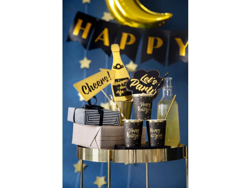 Paper Cups, Happy New Year - black and gold, 9 cm, 220 ml, 6 pcs.