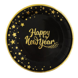 Talerzyki papierowe, Happy New Year - czarno-złote, 22 cm, 6 szt.