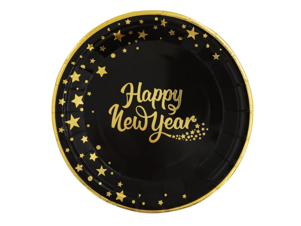 Talerzyki papierowe, Happy New Year - czarno-złote, 22 cm, 6 szt.