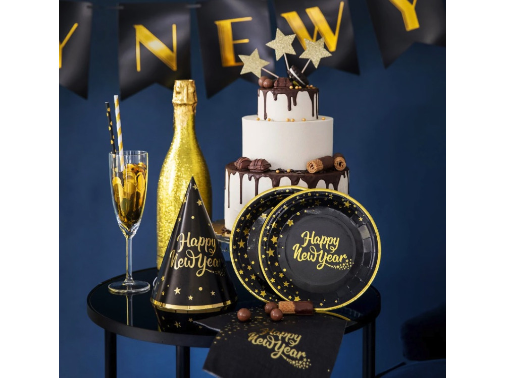 Paper plates, Happy New Year - black and gold, 22 cm, 6 pcs.
