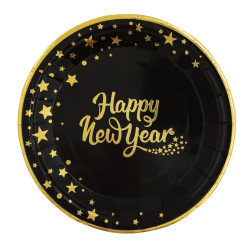 Talerzyki papierowe, Happy New Year - czarno-złote, 18 cm, 6 szt.