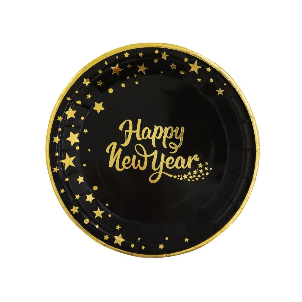 Paper plates, Happy New Year - black and gold, 18 cm, 6 pcs.