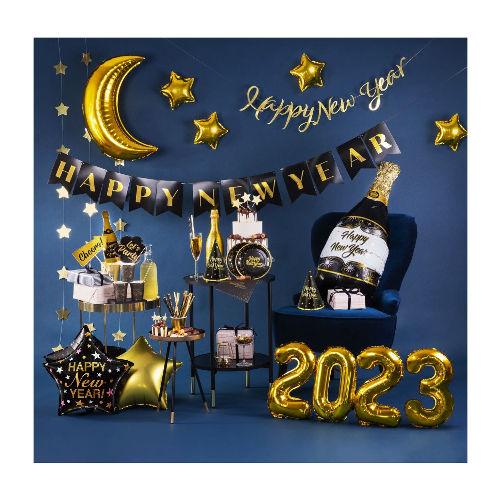 Balon foliowy, Szampan Happy New Year - czarny, 39,5 x 98 cm