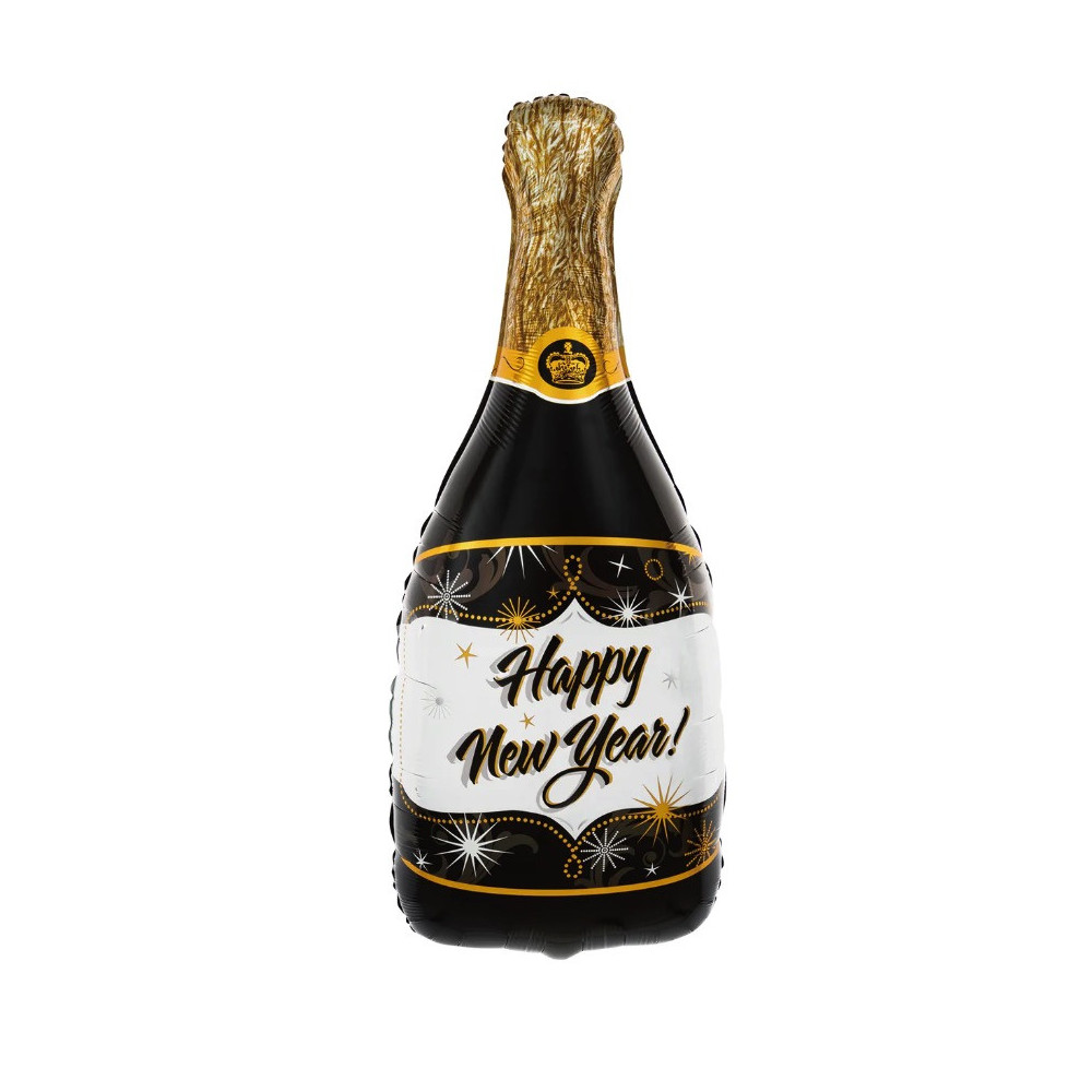 Balon foliowy, Szampan Happy New Year - czarny, 39,5 x 98 cm