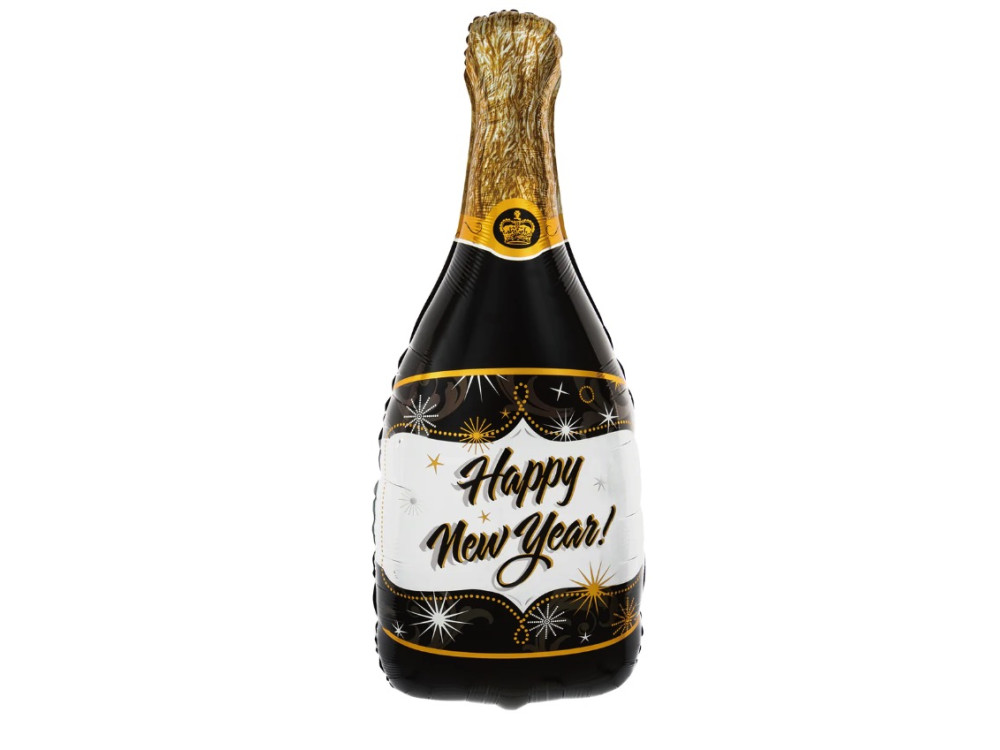 Foil balloon, Champagne Bottle Happy New Year - black, 39,5 x 98 cm
