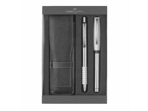 Zestaw prezentowy Basic Metal z piórem i długopisem w skórzanym etui - Faber-Castell