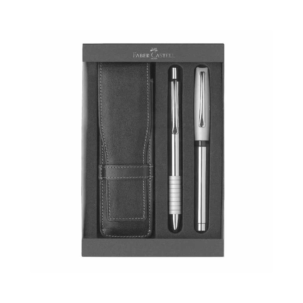 Zestaw prezentowy Basic Metal z piórem i długopisem w skórzanym etui - Faber-Castell