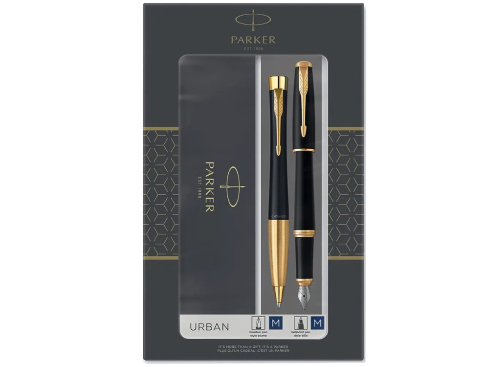 Zestaw z piórem wiecznym i długopisem Urban w etui - Parker - Black GT