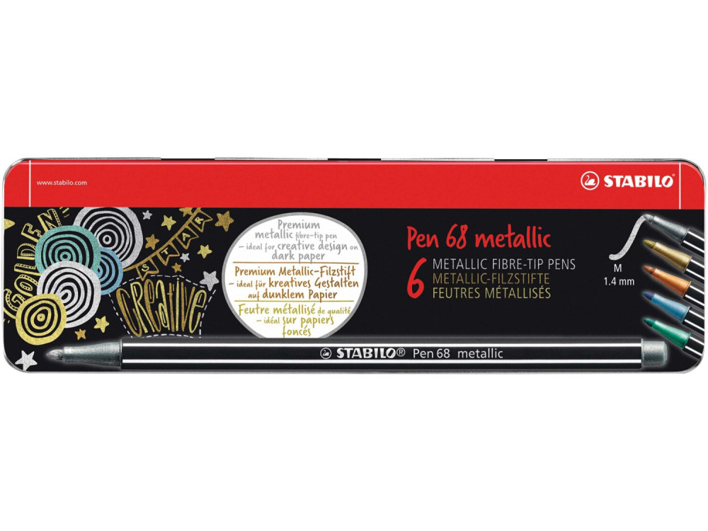 Set of Pen 68 Metallic fibre-tip pens in metal case - Stabilo - 6 pcs.