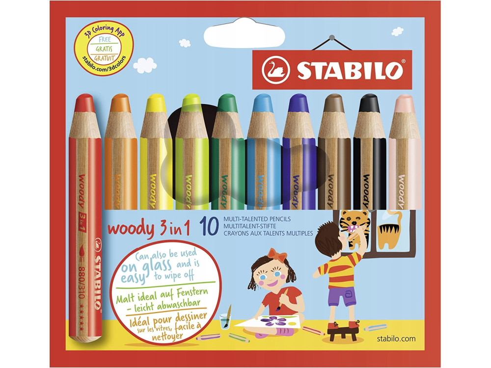 Zestaw kredek dla dzieci Woody 3 w 1 + temperówka - Stabilo - 10 kolorów