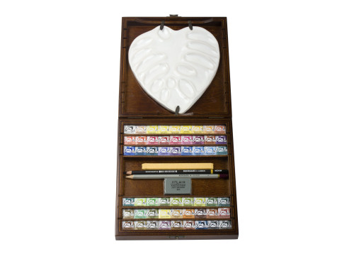 Half pans watercolors set with leaf ceramic palette - Renesans - 54 pcs.