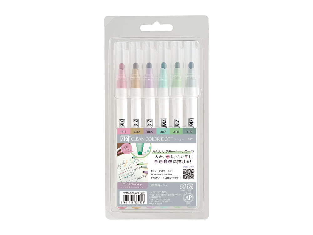 Set of Zig Clean Color Dot pens - Kuretake - Mild Smoky, 6 colors
