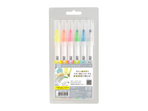 Set of Zig Clean Color Dot pens - Kuretake - Highlight, 6 colors