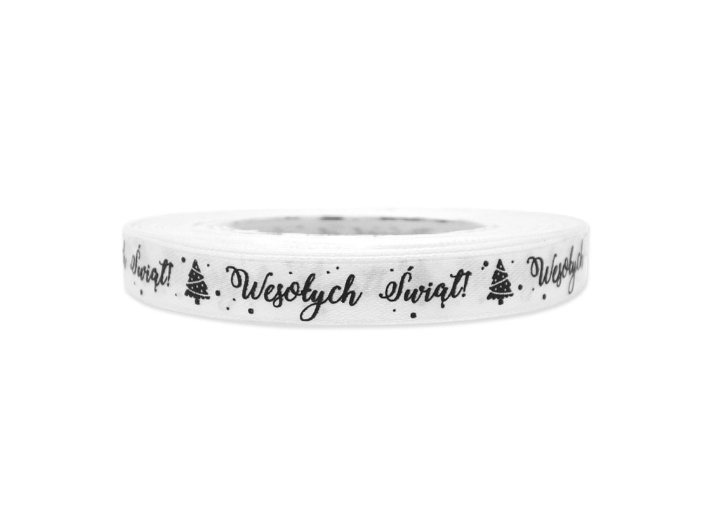 Wstążka satynowa Wesołych Świąt - biała, 12,5 mm x 22 m