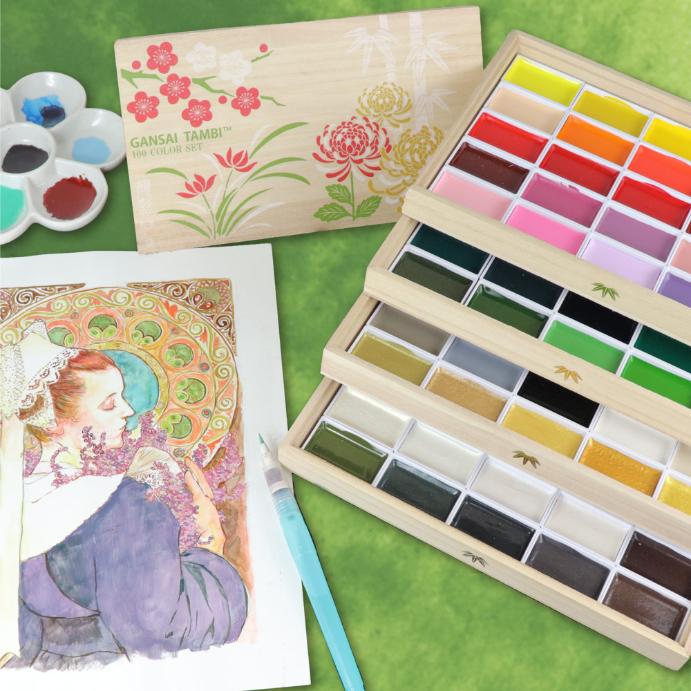 Zestaw farb akwarelowych Gansai Tambi w drewnianym pudełku - Kuretake - 100 kolorów