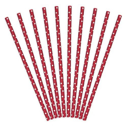 Słomki papierowe w kropki - biało-czerwone, 19,5 cm, 10 szt.