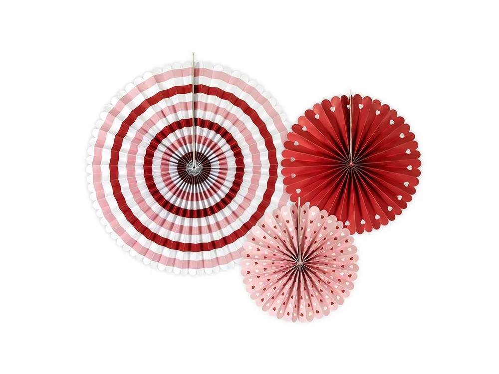 Decorative rosettes, tissue fans, Sweet Love - pink and red, 3 pcs.