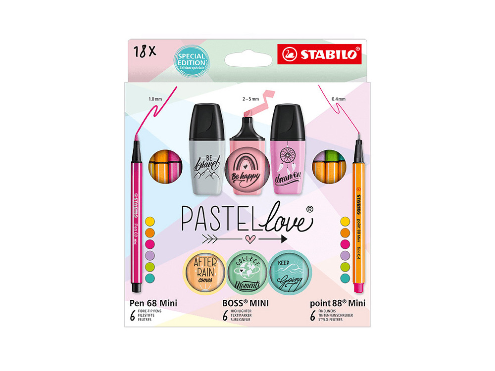 Set of Point 88, Pen 68 and Boss Mini, Pastellove - Stabilo - 18 pcs.