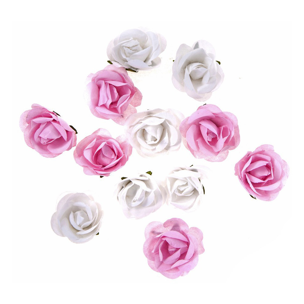Paper flowers, roses - DpCraft - white and pink, 12 pcs.