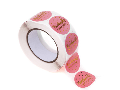 Stickers on a roll, Handmade with love - DpCraft - pink, 500 pcs.
