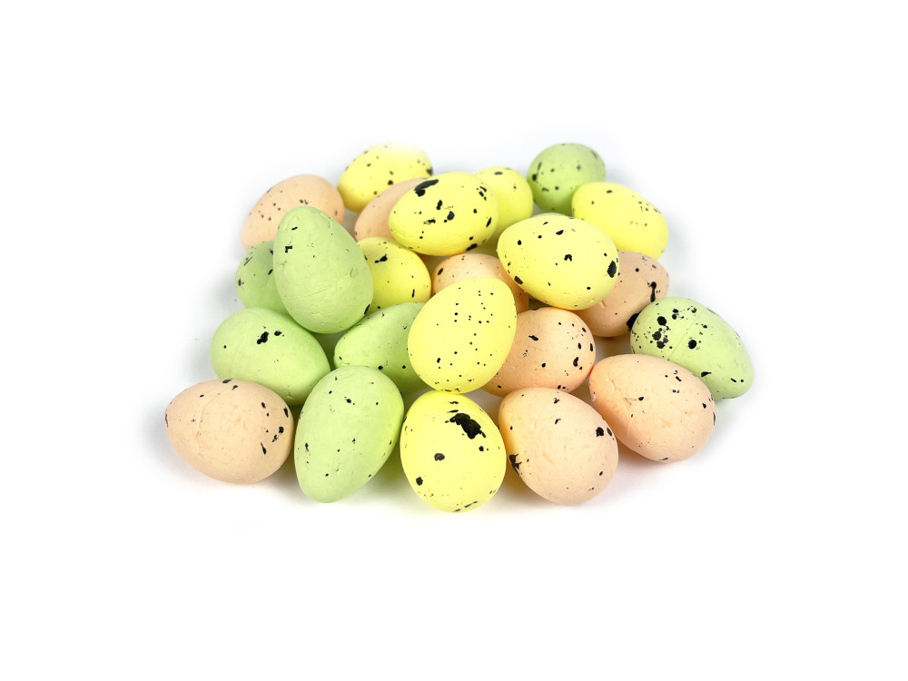 Styrofoam speckled eggs - green mix, 2,5 x 3,5 cm, 24 pcs.