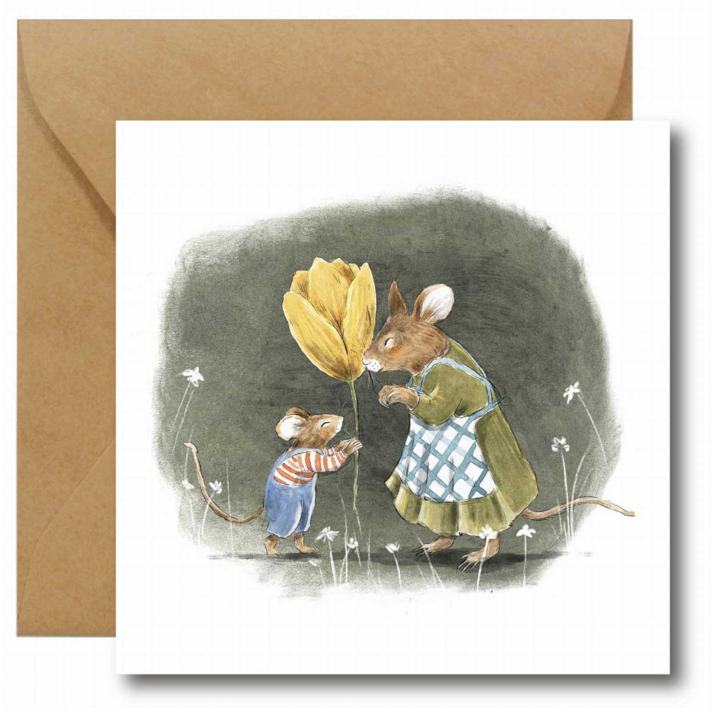 Greeting card - Hi Little - Mice with flower, 14,5 x 14,5 cm