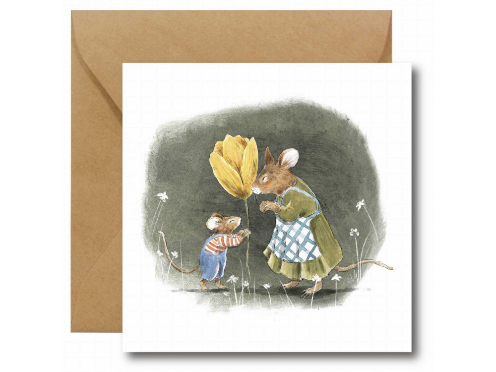 Greeting card - Hi Little - Mice with flower, 14,5 x 14,5 cm