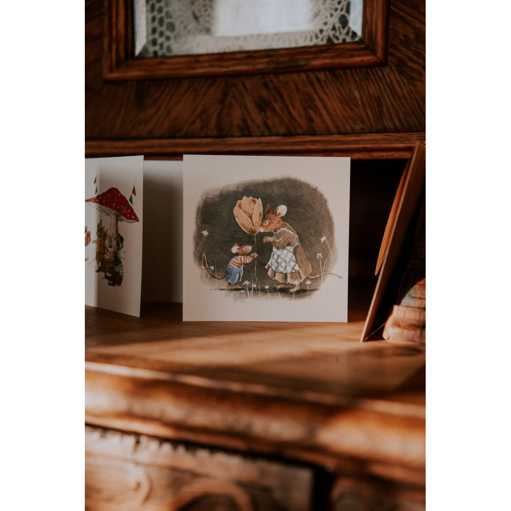 Kartka okolicznościowa - Hi Little - Myszki z kwiatem, 14,5 x 14,5 cm