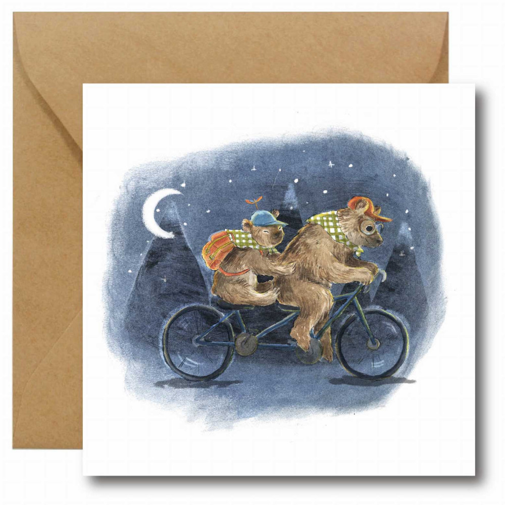 Greeting card - Hi Little - Bears on the bicycle, 14,5 x 14,5 cm