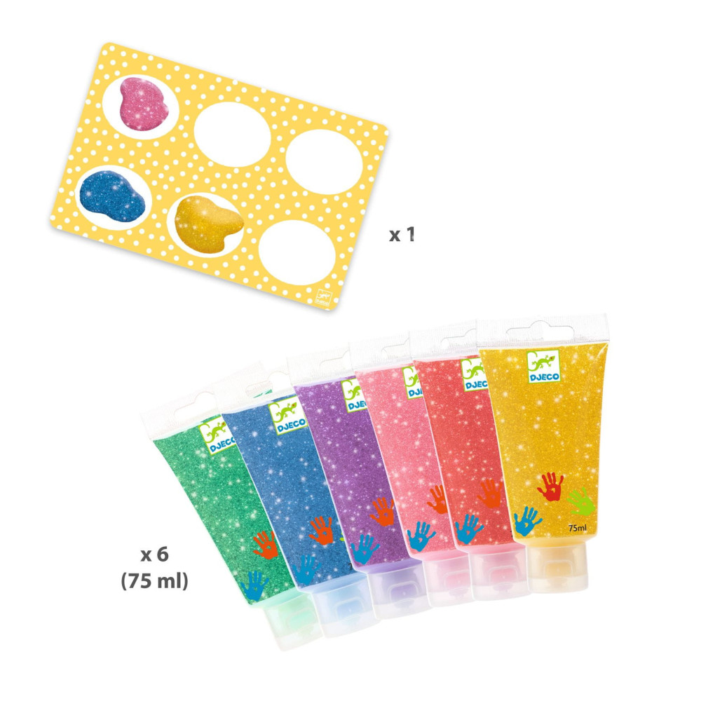 Zestaw farb do malowania palcami dla dzieci z brokatem - Djeco - 6 kolorów x 75 ml