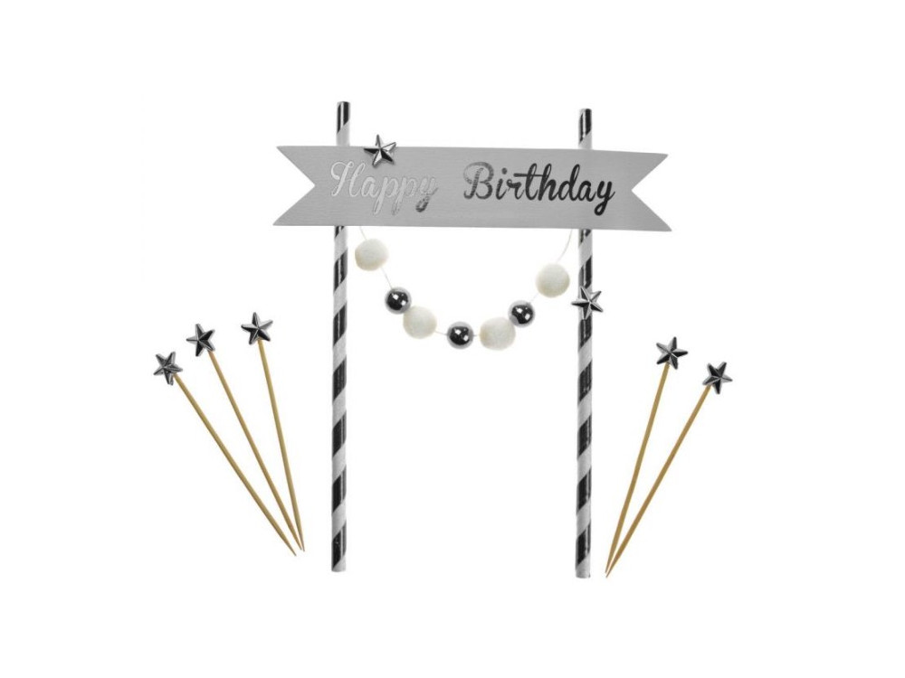 Cake topper, Happy Birthday - silver, 20 cm