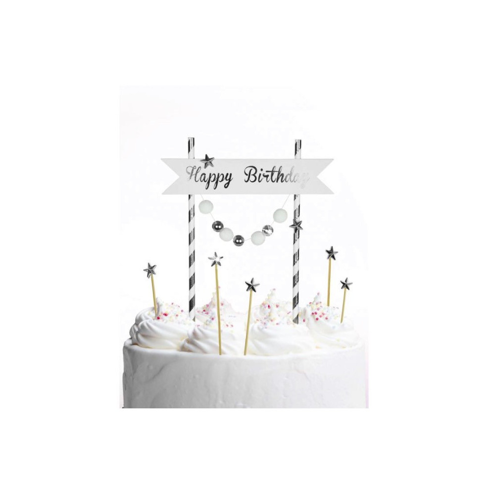 Topper na tort, Happy Birthday - srebrny, 20 cm