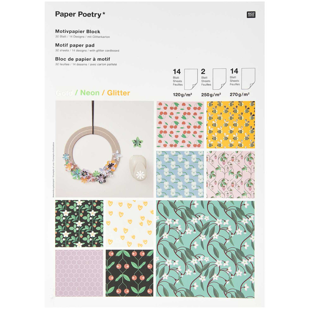 Motif paper pad, Just Bees + Fruits + Flowers A4 - Paper Poetry - 30 pcs.